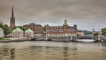 Fototapeta na wymiar Stockholm Gamla Stan panorama Sweden cloudy old town cityscape landscape landmark