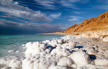 View of the Dead Sea coastline on a sunny day