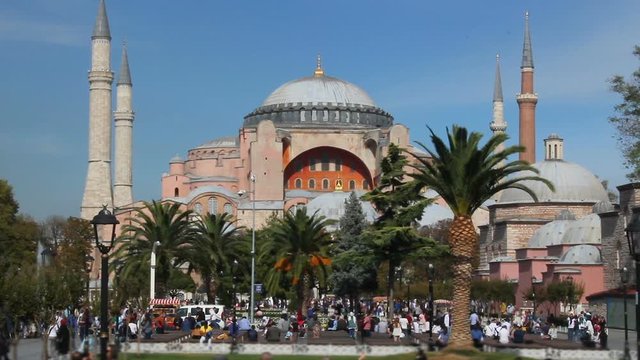 Hagia Sophia Church Museum a sunny day and peoples. Istanbul's popular touristic destination of Sultanahmet Square. Turkey