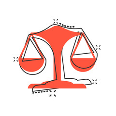 Scale comparison icon in comic style. Balance weight vector cartoon illustration pictogram. Scale compare business concept splash effect.