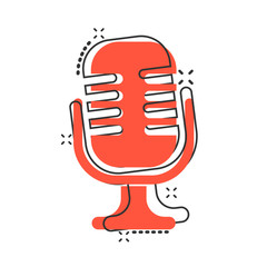 Microphone icon in comic style. Mic broadcast vector cartoon illustration pictogram. Microphone mike speech business concept splash effect.