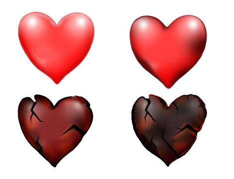 four stages of destruction of the heart on a white background.