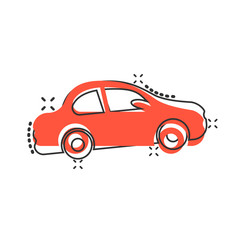 Car icon in comic style. Automobile car vector cartoon illustration pictogram. Auto business concept splash effect.