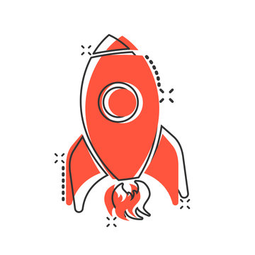 Rocket space ship icon in comic style. Spaceship vector cartoon illustration pictogram. Rocket start business concept splash effect.
