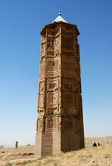 The two ancient minarets at Ghazni in Afghanistan. The Ghazni Minarets are elaborately decorated with geometric patterns. The monuments are a famous symbol of Ghazni in central Afghanistan.