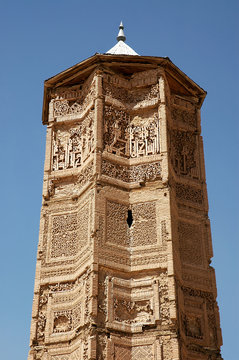 Detail of one of the minarets at Ghazni in Afghanistan. The Ghazni Minarets are elaborately decorated with geometric patterns. The monuments are a famous symbol of Ghazni in central Afghanistan.