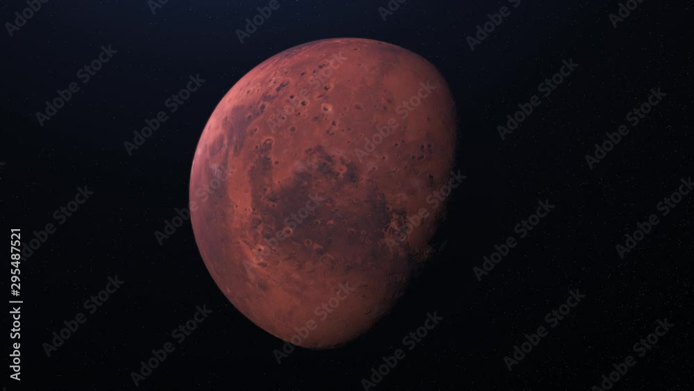 Poster beautiful abstraction of red mars planet rotating on black background in space. animation. day and n