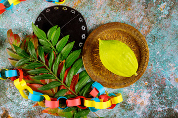 Jewish ritual festival of Sukkot in the jewish religious symbol Etrog, lulav, hadas, arava tallit...