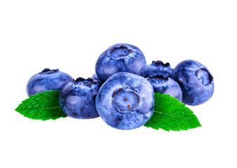 Blueberry. Heap of blueberries with mint leaf on white. Image included clipping path