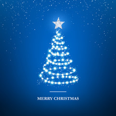 Merry Christmas greeting card template. Garland in form of Christmas tree with star on blue background. Xmas glowing garland. Holiday decorative design elements. Garlands decorations. Vector