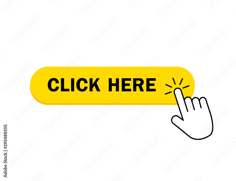Aufkleber Click here button icon. Yellow button with hand pointer for register on website. Click here with finger pointing button for banner. vector