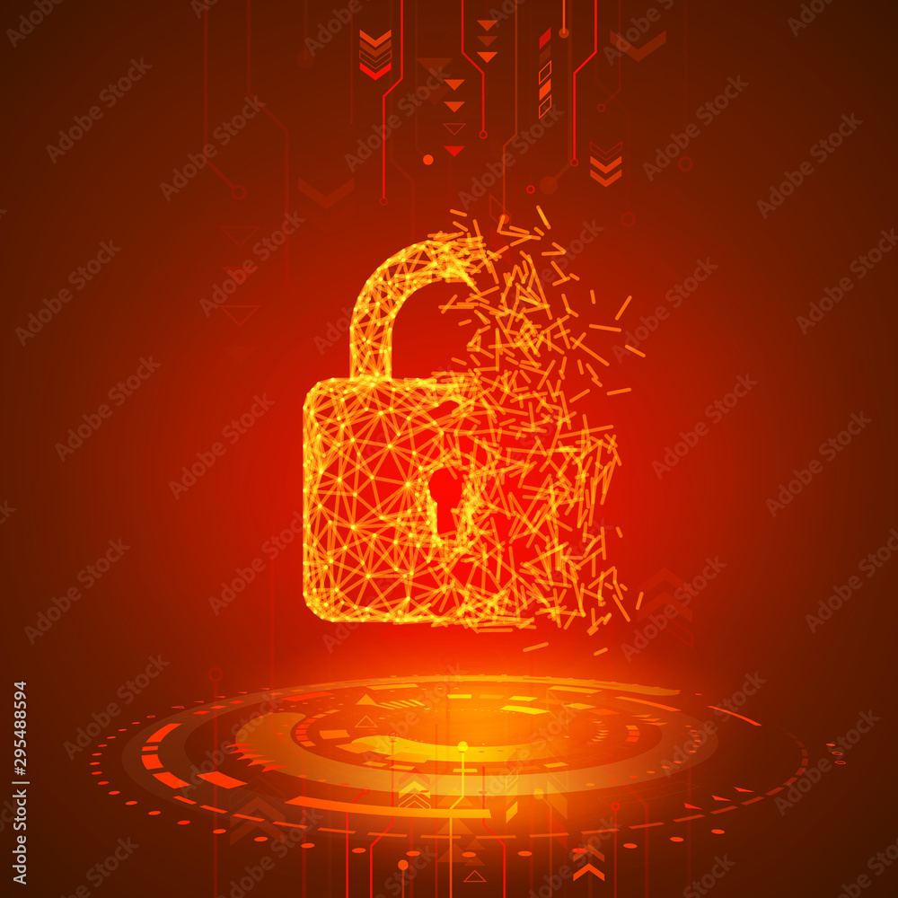 Poster hacking program or network. broken padlock on red technology background. antivirus security system. 