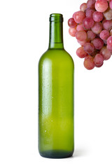 Very cold white wine bottle with bunch of red grapes with white background - image