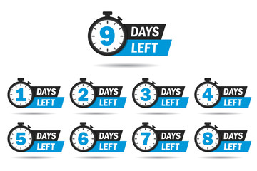 Countdown 1, 2, 3, 4, 5, 6, 7, 8, 9, days left label or emblem set. Day left counter icon with clock for sale promotion, promo offer. Flat badge with number of count down time. vector isolated