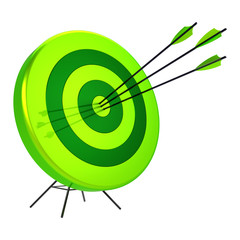 Green target hit in the center by three arrows bull's-eye