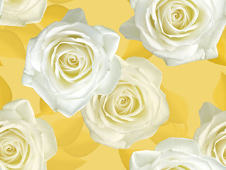 Seamless floral pattern. White roses on a yellow background.