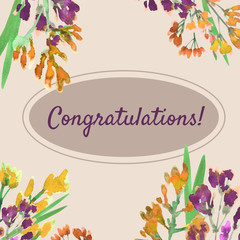 Congratulations! Postcard with inscription and flowers.  Element for postcard design and printing, as well as for web design. 
