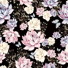 Watercolor succulents seamless pattern. 