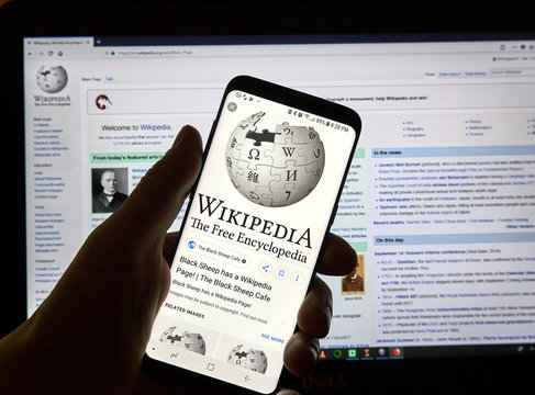 A hand holding a Samsung S8 smartphone with Wikipedia app.