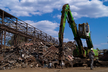  Dnipro, Dnepropetrovsk region / Ukraine - 01/10/2019; Loading scrap metal into wagons with a...