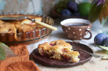 Fototapeta na wymiar Plum pie or cake with cinnamon and sugar. Selective focus.