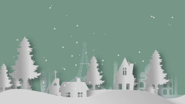 Christmas paper cut snow pine tree background happy new year