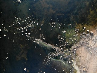 Stones rocks in a water with buttom and sandy beach coast. Aerial view from top down. shallow water. The Gulf of Finland