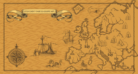 Old caravelle, vintage sailboat, sea monster. Detail of fantasy geographical maps