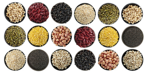 Mix nuts in black bowl on white background ,soy bean,green beans,red bean,black bean,peeled mung bean,peanut,barley,black sesame,pivot seeds