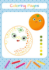 Funny orange with kawaii face. Coloring, sticker, postcard, scrapbooking, products for children.