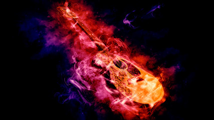 Obraz na płótnie Canvas Acoustic Classical Guitar in Smoke on black