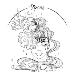 Zodiac. Vector illustration of the astrological sign of Pisces as a beautiful fashion girl in hat. Line art template suitable for coloring book page