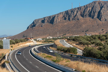 Heraklion, Crete, Greece. October 2019. New opened National Road, the A90, E75 dual carriageway section between Heraklion and Malia, heading towards Agios Nikolaos.