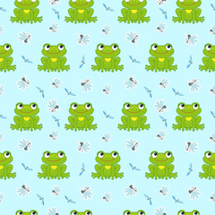 Funny frogs and mosquitoes. Vector seamless pattern for fabric, wallpaper, wrapping paper, for kids.