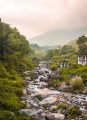a small river passing through the mountains in himachal pradesh