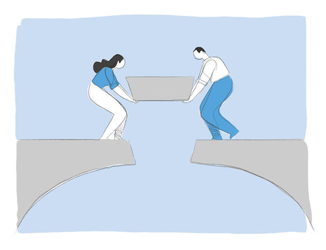 A couple of man and woman is finishing to build a bridge putting the last piece. Vector illustration