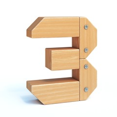 Wood font, 3d alphabet made of wooden parts, 3d rendering, number 3