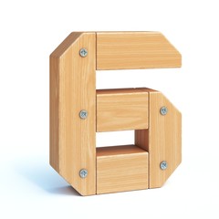 Wood font, 3d alphabet made of wooden parts, 3d rendering, number 6