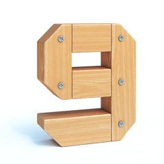 Wood font, 3d alphabet made of wooden parts, 3d rendering, number 9