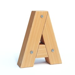 Wood font, 3d alphabet made of wooden parts, 3d rendering, letter A