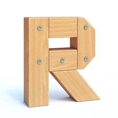 Wood font, 3d alphabet made of wooden parts, 3d rendering, letter R
