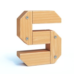 Wood font, 3d alphabet made of wooden parts, 3d rendering, letter S