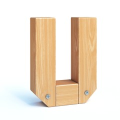 Wood font, 3d alphabet made of wooden parts, 3d rendering, letter U