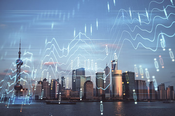 Forex graph on city view with skyscrapers background double exposure. Financial analysis concept.