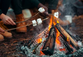 Keuken spatwand met foto Close up van mensen frituren marshmallow in forest © Prostock-studio