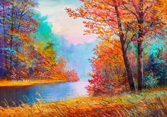 Oil painting landscape - colorful autumn forest - 295496124