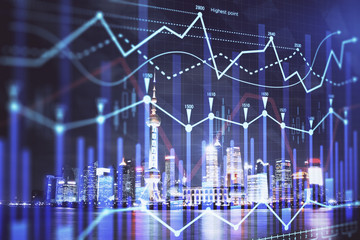 Financial graph on night city scape with tall buildings background multi exposure. Analysis concept.
