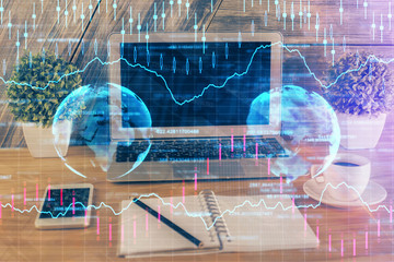 Multi exposure of chart and financial info and work space with computer background. Concept of international online trading.