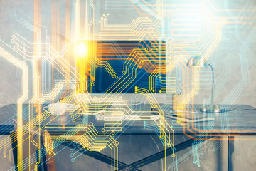 Multi exposure of table with computer and world map hologram. International data network concept.