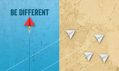 Illustration with paper planes on coloured background metaphor for be different